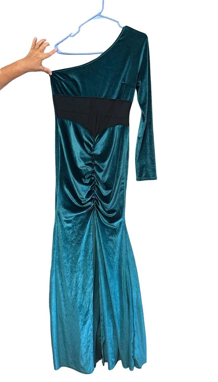 Teal Velvet One-Shoulder Long Sleeve Maxi Dress with Black Mesh Inset and Ruched